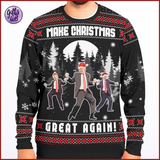 President Trump Ugly Christmas Sweatshirt, Make Christmas Great Again Sweater, MAGA 2024, Dancing Trump, Republican Long Sleeve Shirt