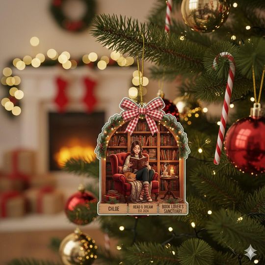 Discover Book Lover Acrylic Christmas Ornament: Girl Reading Xmas Gift