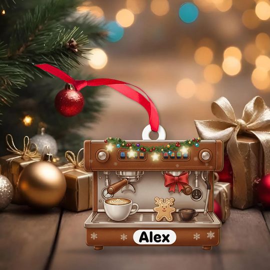 Discover PERSONALIZABLE Coffee Machine Ornament, CUSTOMIZABLE Barista Acrylic Decor, Cute Gingerbread Espresso Gift for Friends Family Coffee Lovers