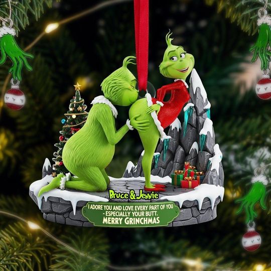 Personalized funny character Christmas Ornament, Funny Green Monster Couple, Custom Holiday Tree Decoration, Flat 2D Ornament, Merry Grin Gift