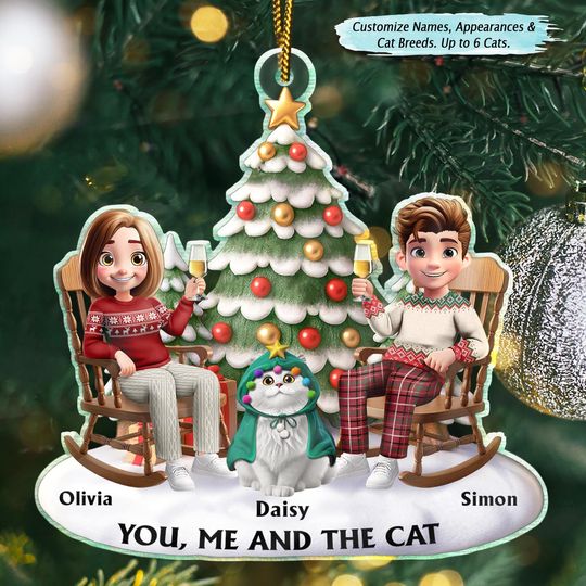 Discover You & Me And The Cats 3D Effect Couple Sitting, Personalized Custom Shaped Acrylic Ornament