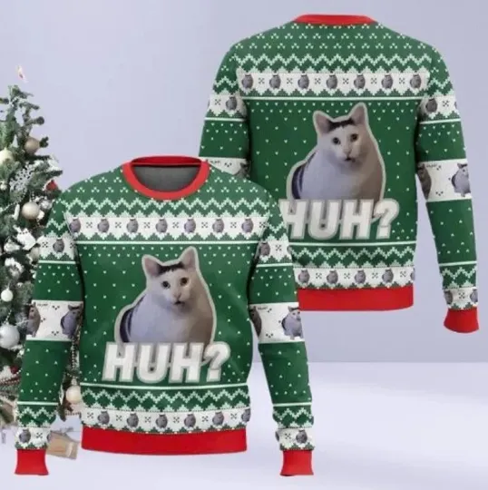 Discover Huh Cat Meme Ugly Christmas Sweater, Funny Cat Holiday Sweatshirt