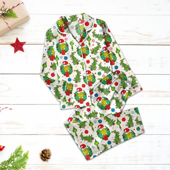 Discover Funny Character Christmas Pajama Set, Naughty Santa Family Matching PJs, Green Tree Satin Nightwear