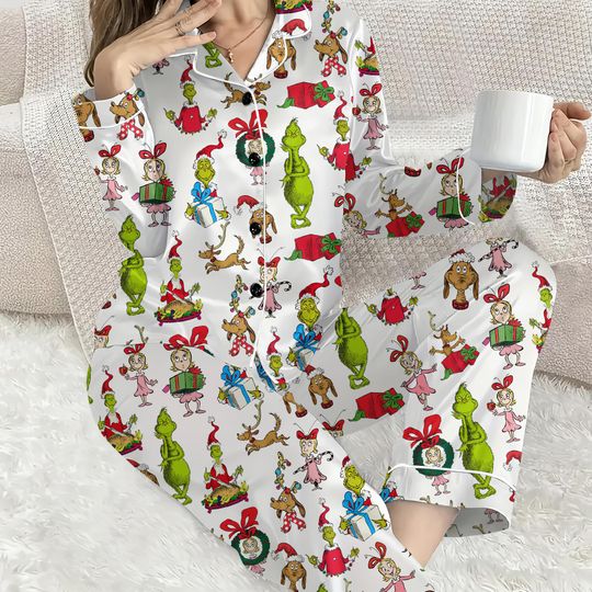 Funny Character Christmas Pajama Set, Xmas Cartoon PJs, Holiday Satin Sleepwear, Festive Cartoon Sleepwear