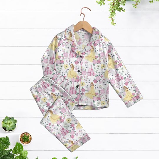 Beauty & Beast Satin Pajamas Set, Princess Belle and Beast, Disneyworld Holiday, Castle Roses Print