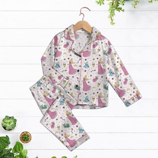 Discover Princess Aurora Pajama Set for Girls, Disney Sleeping Beauty Satin Pink Pajamas, Fairy Tale Castle