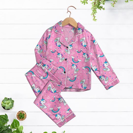 Discover Unicorn Rainbow Pajama Set for Girls, Pink Satin Sleepwear with Stars & Clouds, Colorful Pastel Fantasy PJs