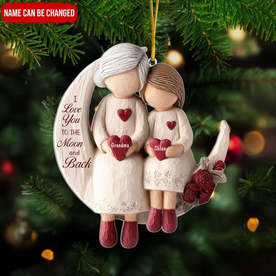 Discover Grandma And Her Kid I Love You To The Moon And Back-Personalized Christmas Ornament For Grandma,Christmas Keepsake,2D Flat Acrylic Ornament