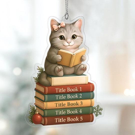 Discover Personalized Cat Book Stack Ornament: Custom Acrylic Book Lover Gift