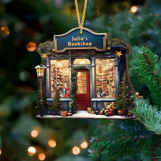 Discover Bookstore Christmas Ornament, Bookshop Ornament For Book Lover, Bookshelf 2D FLAT Ornament, Acrylic Book Lover Holiday Decor, Bookish Gift