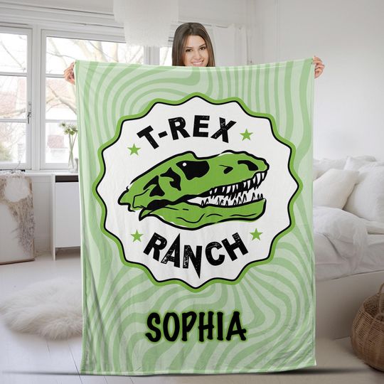 Discover T-rex Ranch Birthday Party Blanket, T-rex Ranch Birthday Blanket, Custom T-rex Ranch Blanket, T-rex Ranch Birthday Blanket AXIX16