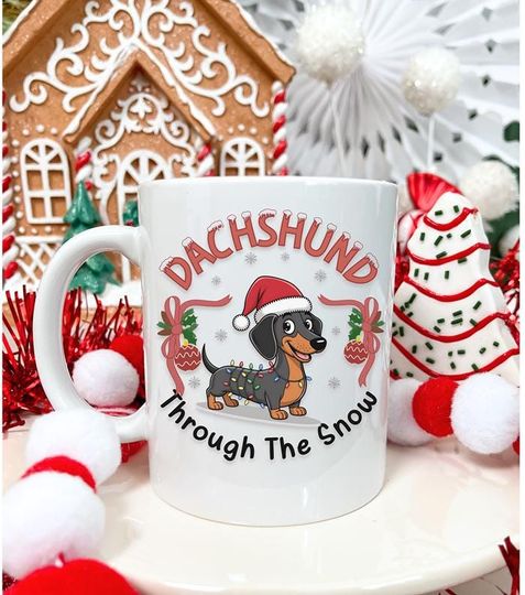 Discover Funny Dachshund Christmas Mug, Wiener Dog Holiday Cup, Dachshund Through The Snow Pun Mug for Dog Lovers, Dog Mom Pet Owner Xmas Gift