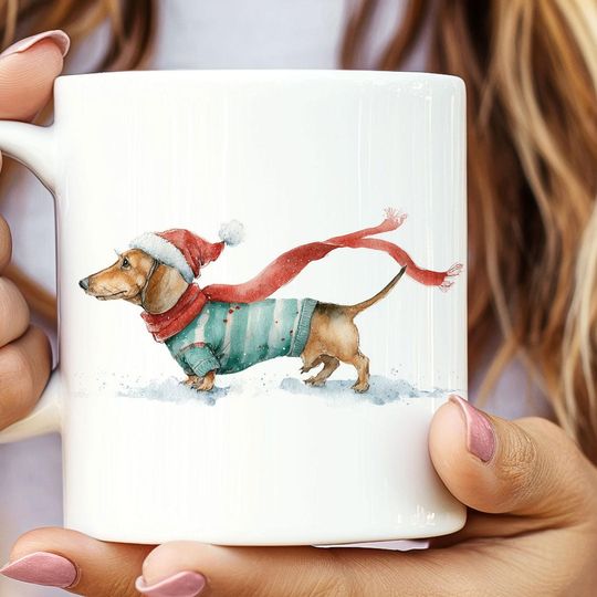 Discover Dachshund Winter Mug, Christmas Coffee Cup, Dog Lover Gift, Holiday Ceramic Tea Mug, Pet Owner Present, Morning Coffee Mug, Weiner Dog