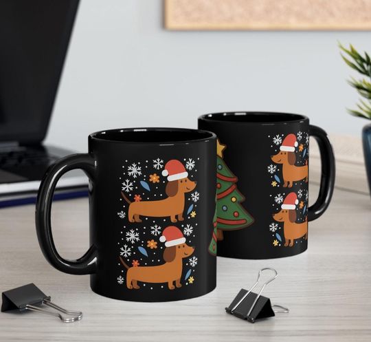 Discover Christmas Dog Mug | Merry Dachshund Holiday Cup | Cute Dog Lover Gift | Festive Coffee or Hot Chocolate Mug,Black Mug (11oz)