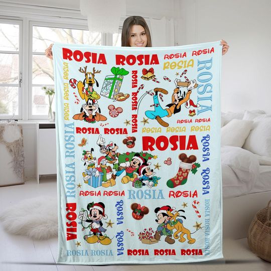 Discover Personalized Mickey Mouse And Friends Xmas Blanket, Custom Name Baby Kid Blanket, Magic Kingdom Fleece Blanket, Cartoon Quilt SK2E14