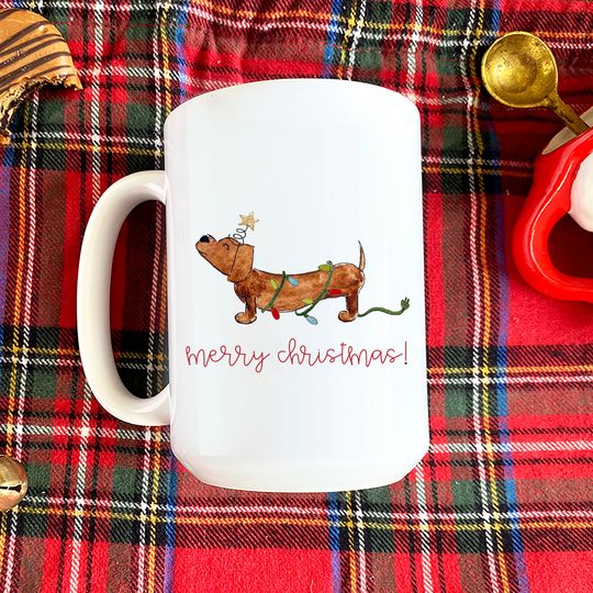 Discover Festive Christmas Dachshund Mug | Longhair Shorthair Dachshunds in red, black, cream, dappled, and piebald, Christmas Dog Mug