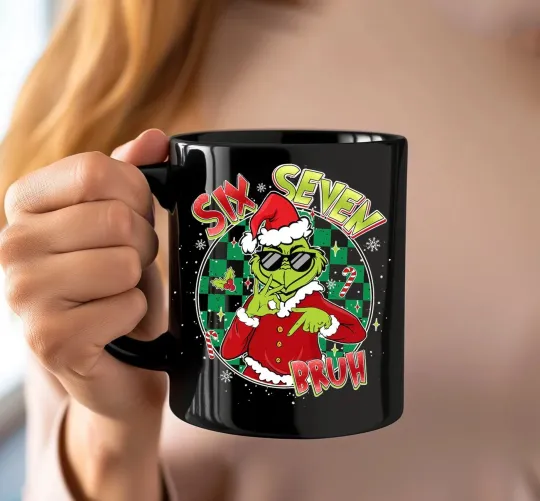 Discover Funny 6 7 Meme Mug, Viral Bruh Joke Christmas, Mean Green Guy Internet Humor Mug