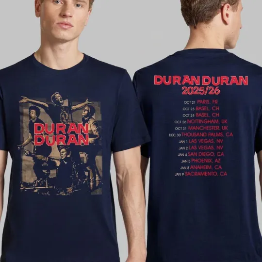 Discover Duran Duran Europe 2025 2026 Navy College Bandshot Tour T-Shirt