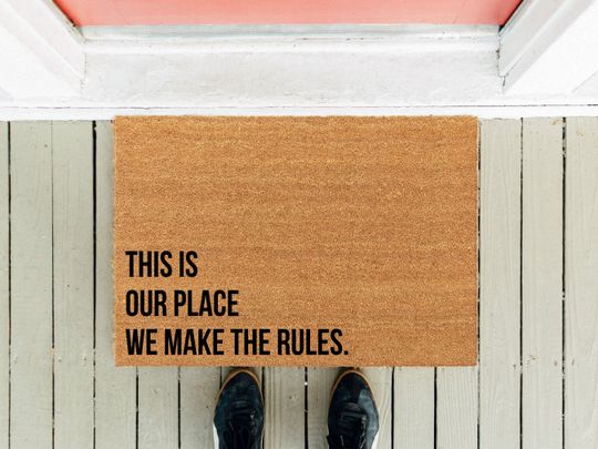 Discover This is Our Place We Make the Rules | Welcome Mat | Housewarming Gift | Funny Doormat | Funny Door Mat | Coir Mat | Couple Gift | Best Gift