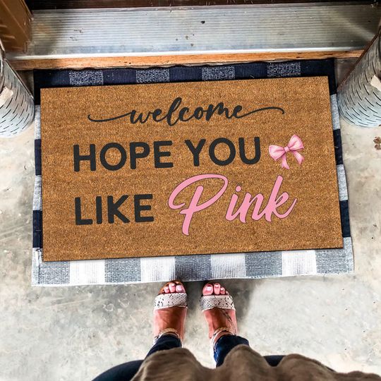 Discover Hope You Like Pink Mat, Welcome Pink Bow Doormat, Watercolor Pinky Bow Welcome Doormat, Pink Doormat, Pink Bow Ribbon Coquette Doormat Gift