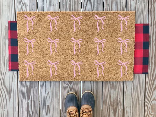 Discover Pink Coquette Bow Pattern Doormat | Cute Ribbon Doormat | Cute Front Doormat | Girly Welcome Mat | Aesthetic Doormat | Girly Home Decor