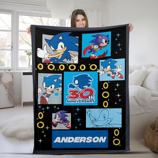 Custom Sonic The Hedgehog Blanket, Personalized Cartoon Hedgehog Minky Sherpa Blanket