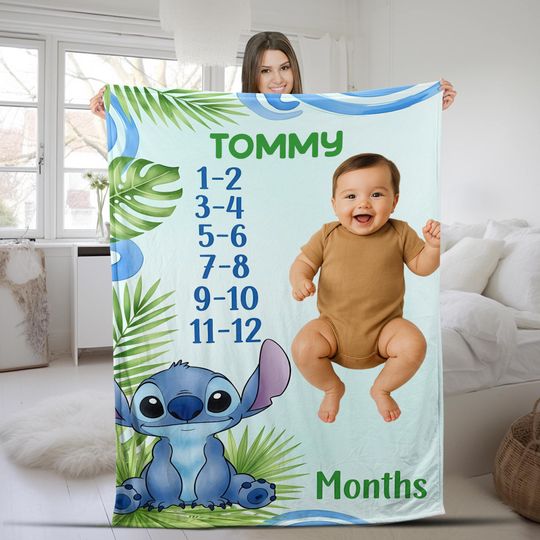 Discover Stitch Baby Boy Milestone Blanket, Baby Boy Personalized Blanket, Baby Shower Gift, Baby Boy Gift, Newborn Gift AXHT06