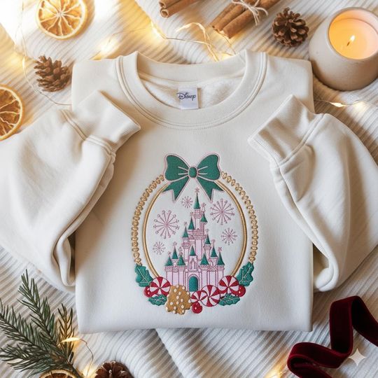 Discover EMBROIDERED Coquette Bows Disney Castle Christmas Sweatshirt, Disneyland Christmas Tee, Disney Gingerbread Candy Cane Sweater,Holiday Season