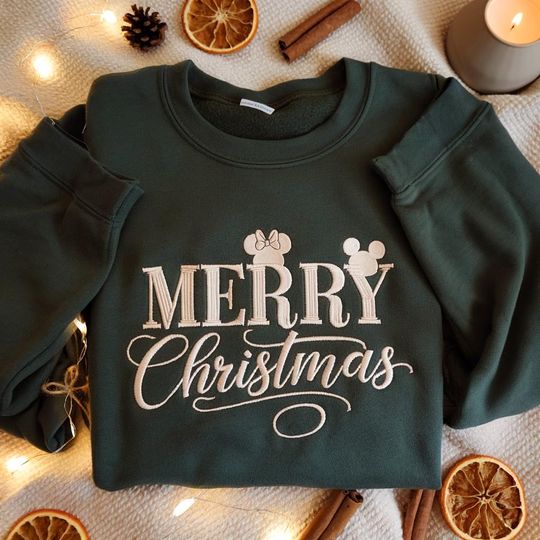 Discover Merry Christmas Embroidered Sweatshirt, Disney Inspired Holiday Sweater, Mickey Minnie Xmas Crewneck, Festive Winter Jumper, Christmas 2025