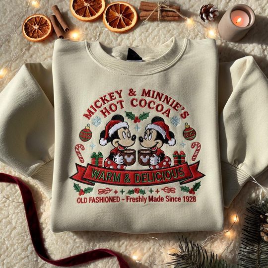 Discover EMBOIDERED Vintage Disney Hot Cocoa Christmas Sweatshirt, Mickey Minnie Hot Cocoa Christmas Shirt, Disneyland Christmas Tee, Disney Holiday