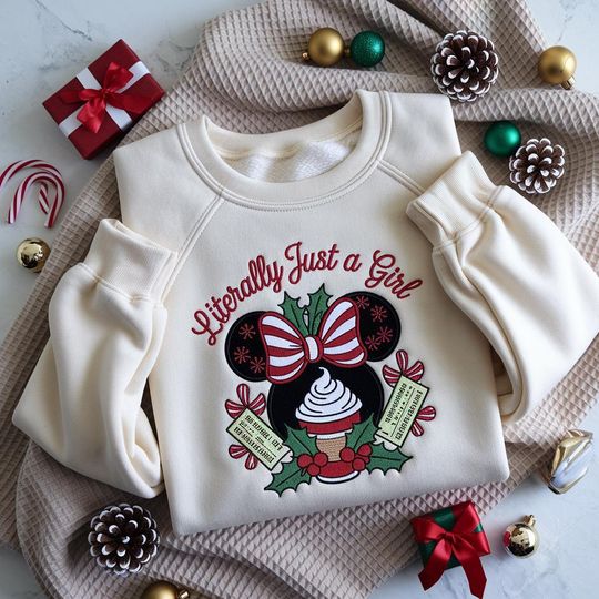 Discover EMBROIDERED Minnie Literally Just a Girl Christmas Sweatshirt, Disney Holiday Sweater, Minnie Mouse Xmas Shirt, Womens Christmas Shirt