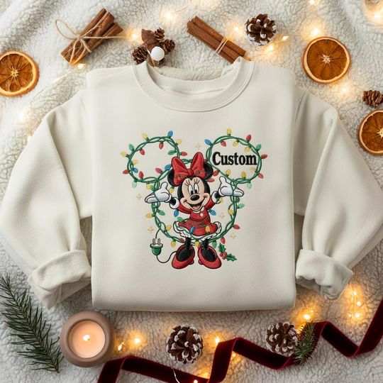 Discover EMBROIDERED Minnie Christmas Lights Sweatshirt, Festive Minnie Holiday Sweater, Minnie Santa Xmas Shirt, Disney Christmas Kids Shirt