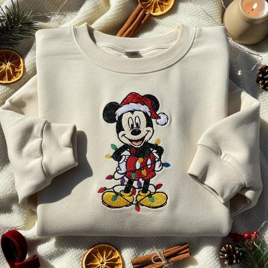 Discover Mickey Christmas Embroidered Sweatshirt, Disney Holiday Tee, Santa Mickey Lights Shirt, Cozy Disney Christmas 2025, Mickey Merry Christmas