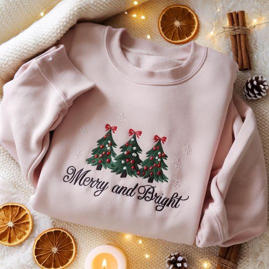 EMBROIDERED Christmas Tree Sweatshirt, Merry And Bright Christmas Sweater, Pink Holiday Crewneck, Coquette Bow Xmas Shirt, Merry Christmas
