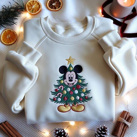 Discover EMBROIDERED Mickey Christmas Tree Sweatshirt, Disney Christmas 2025 Tee, Mickey Holiday Shirt, Mickey Mouse Xmas Shirt,Cozy Holiday Crewneck