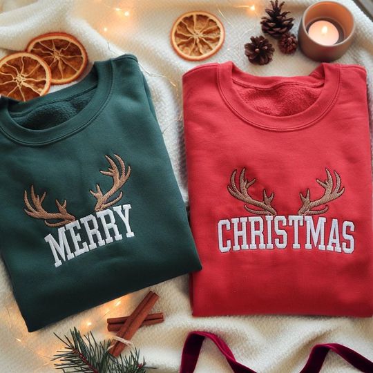 Discover EMBROIDERED Merry Christmas Sweatshirt Set, Matching Holiday Sweater, Couple Xmas Crewneck, Festive Winter Jumper Pair, Christmas Couple Tee