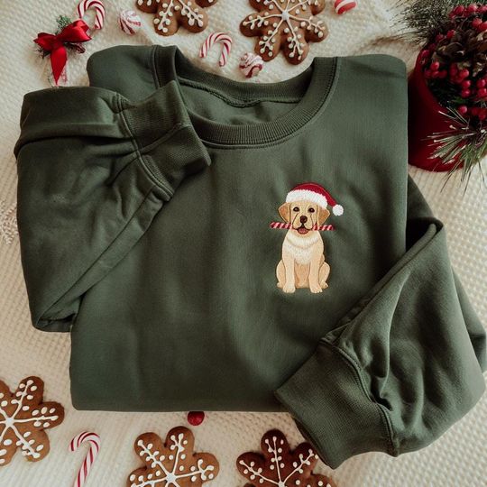 Discover Christmas Dog Embroidered Sweatshirt, Cute Puppy Holiday Sweater, Labrador Xmas Shirt, Candy Cane Christmas Jumper,Dog Lover Christmas Shirt
