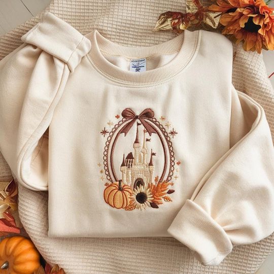 Discover EMBOIDERED Fall Castle Pumpkin Sweatshirt, Magic Kingdom Autumn Sweater, Thanksgiving Disney Castle Shirt, Cozy Fall Disney Outfit