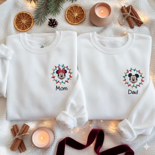 Discover EMBROIDERED Mickey Minnie Mom Dad Christmas Sweatshirt, Disney Family Christmas Shirts, Disney Christmas Lights Shirt, Disney Mom Dad Shirts