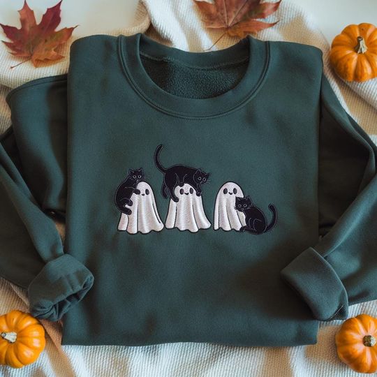 Discover EMBROIDERED Halloween Black Cat & Ghost Sweatshirt, Halloween Ghost Tshirt, Spooky Season Cat Shirt, Halloween Cat Shirt, Spooky Ghost Shirt