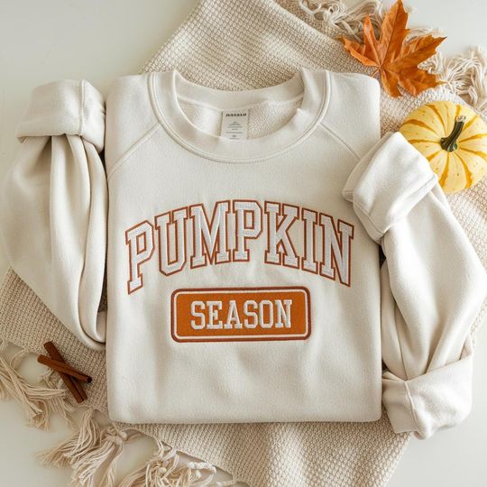 Discover EMBROIDERED Pumpkin Season Sweatshirt, Fall College Crewneck, Retro Autumn Sweater, Cozy Fall Pullover, Thanksgiving Shirt, Varsity Fall Tee