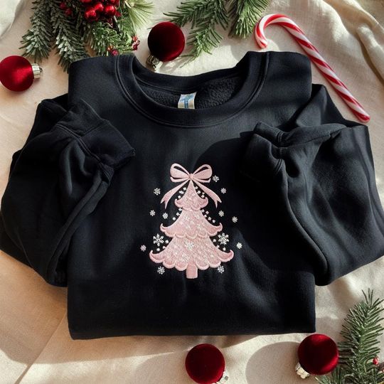 Pink Christmas Tree Embroidered Sweatshirt, Cute Holiday Crewneck, Coquette Bow Xmas Sweatshirt, Girly Christmas Sweater,Pastel Winter Shirt