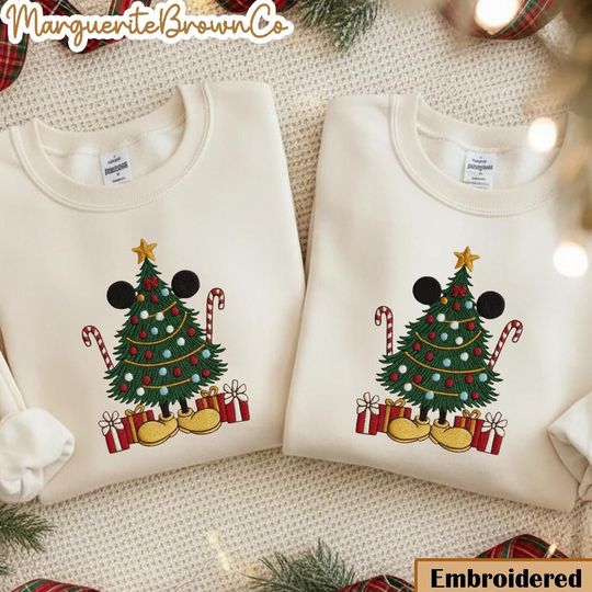 Discover Embroidered Disney Mickey Tree Sweatshirt, Mickey And Friends Christmas Sweatshirt, Disney Christmas, Disney Matching Christmas Party Tee
