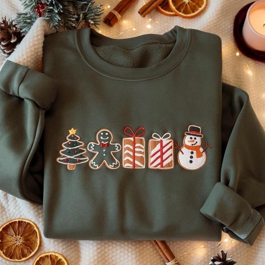 Discover EMBROIDERED Christmas Icon Sweatshirt, Gingerbread Snowman Shirt, Xmas Tree Holiday Crewneck, Womens Christmas Sweatshirt, Merry Christmas