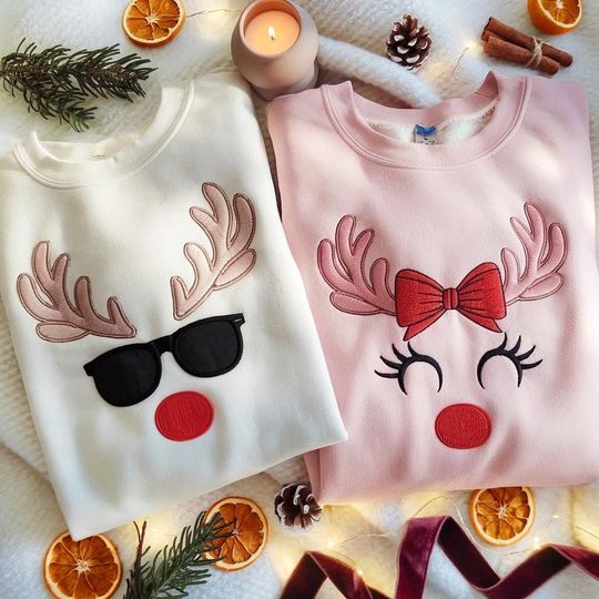 EMBROIDERED Couples Christmas Sweatshirts, Matching Reindeer Sweatshirt, Matching Couple Christmas Outfit, Matching Holiday Crewneck