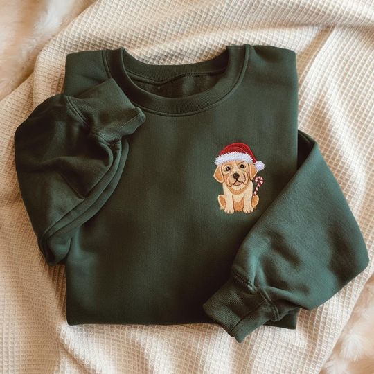 Discover EMBROIDERED Christmas Dog Sweatshirt, Puppy Santa Hat Crewneck, Holiday Pet Lover Shirt, Dog Xmas Sweater, Dog Lover Shirt, Dog Owner Shirt