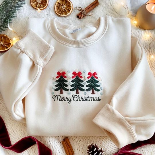 EMBROIDERED Coquette Bow Christmas Tree Sweatshirt, Merry Christmas Sweater, Festive Xmas Crewneck,Holiday Season Shirt,Christmas Family Tee