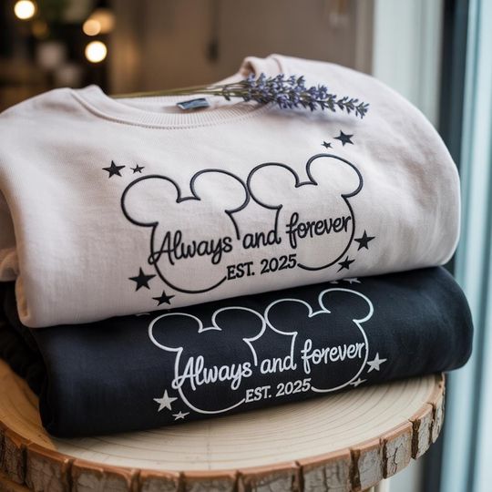 Discover EMBROIDERED Always and Forever Disney Sweatshirt, Custom Couple Mickey Matching Crewneck,  Wedding Date Shirt, Honeymoon Disney Outfit