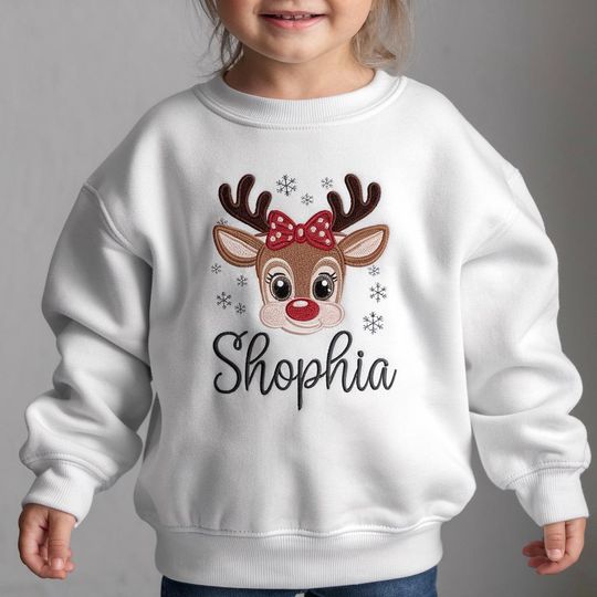 Discover EMBROIDERED Girls Reindeer Christmas Sweatshirt, Personalized Toddler Holiday Sweater, Custom Xmas Name Shirt, Cute Kids Reindeer Outfit