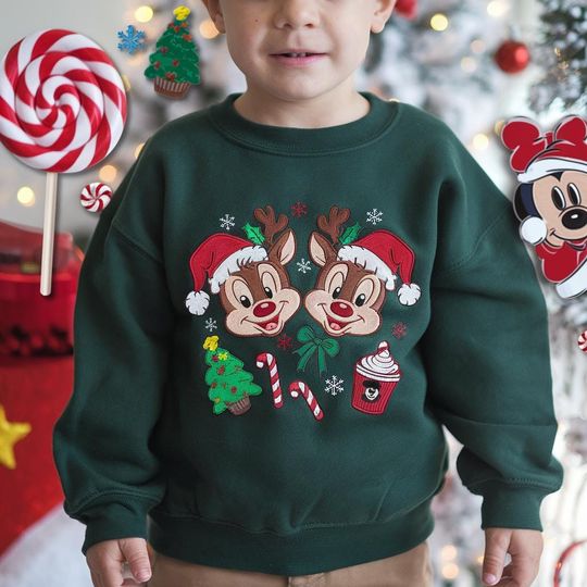 Discover EMBROIDERED Chip and Dale Christmas Embroidered Sweatshirt, Reindeer Holiday Kids Shirt, Disney Christmas Sweater, Xmas Toddler Outfit